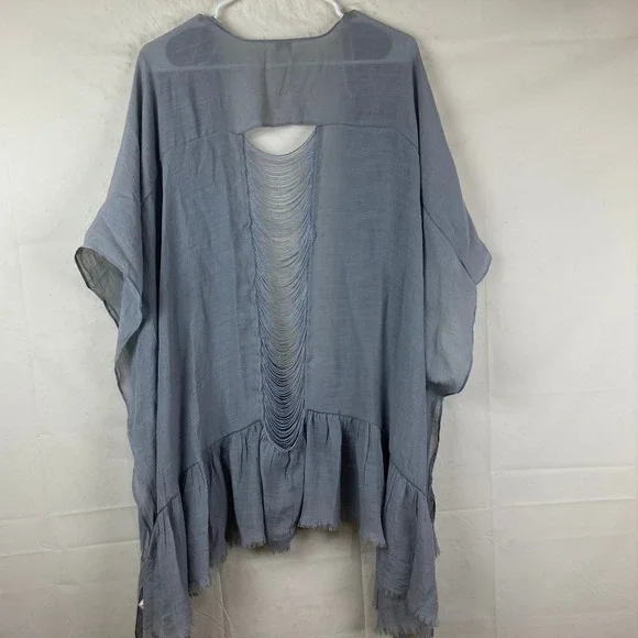 Umgee Kimono Wrap Womens S/M Blue Gray Fringe Back Ruffle Boho Festival Beach - Picture 6 of 7